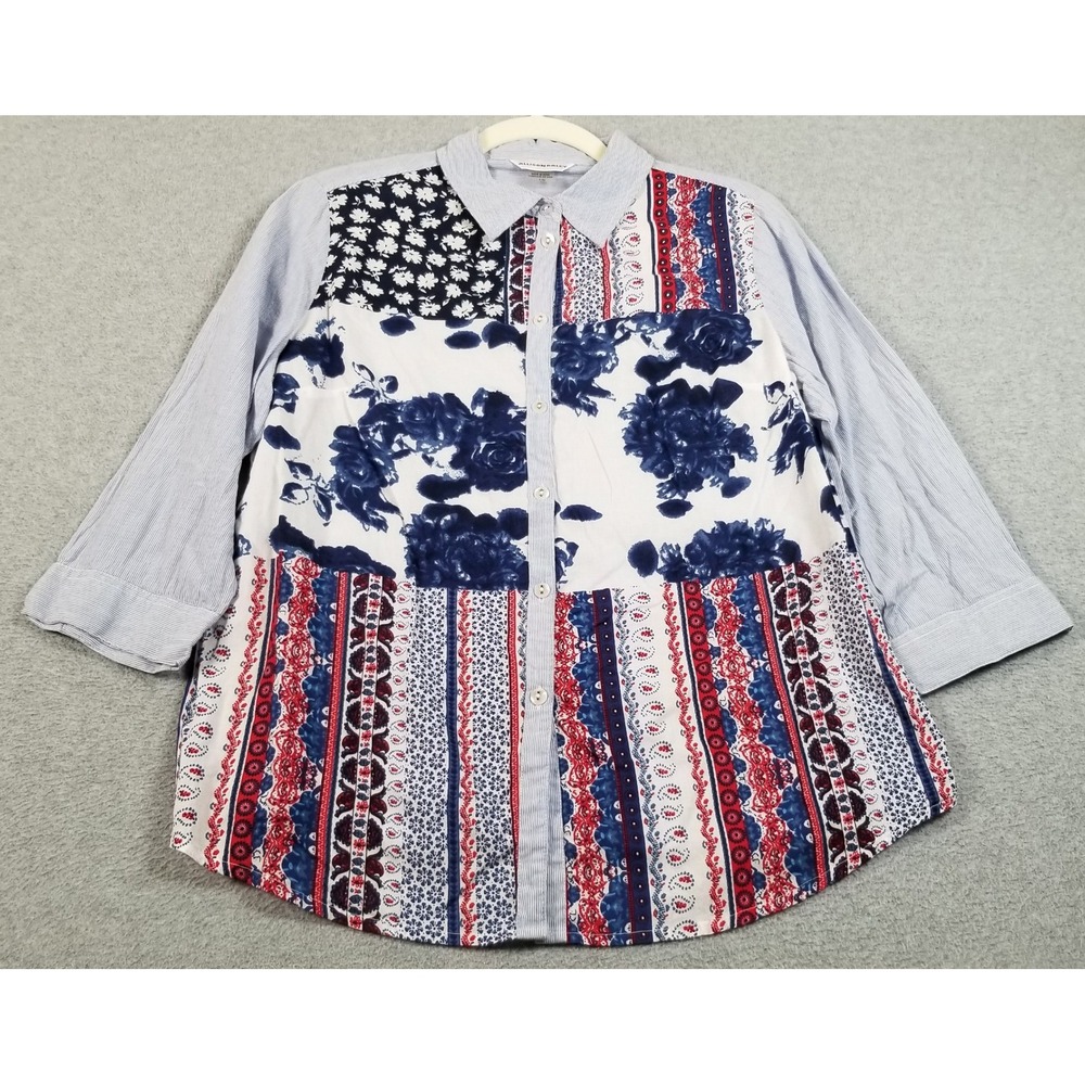 Allison Daley Button Up Shirt Womens 10 Blue Red Patchwork Floral Striped Cotton